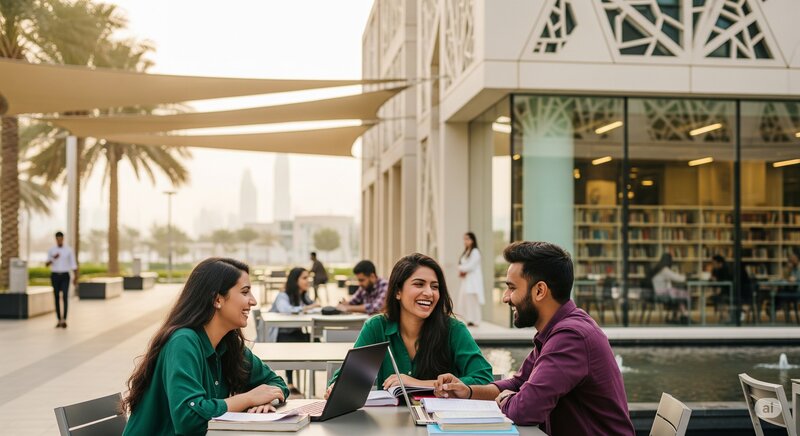 South Asian students studying together on a modern Dubai university campus - Study in Dubai with Kanan.co