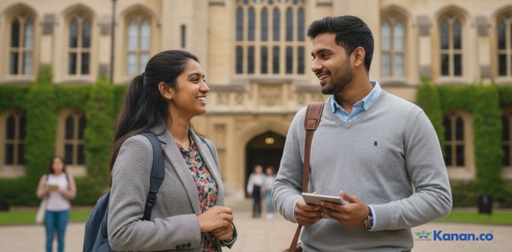 Students at university campus with digital education icons - Achieve your IELTS goals with Kanan.co